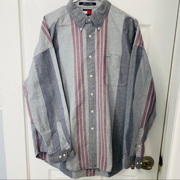 Men shirt Tommy Hilfiger Shirt button down long sleeve gray maroon cotton Large - Picture 8 of 10